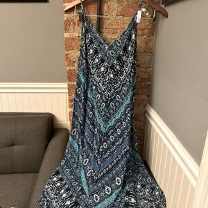 Blue Maxi Dress Bandana Print Handkerchief Hem Spaghetti Strap Bohemian Flowy